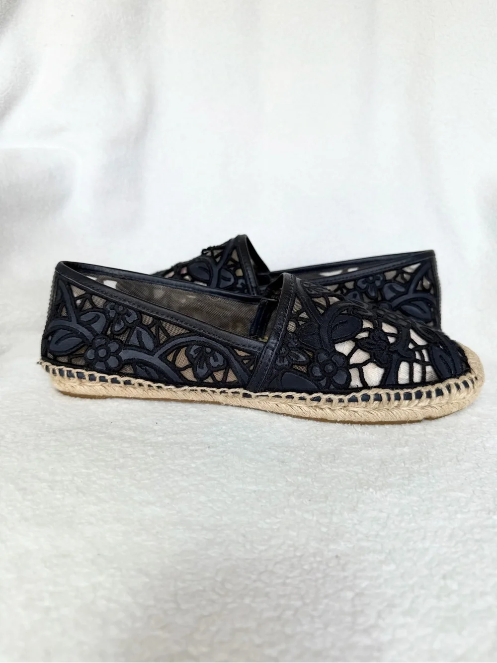 Tory Burch Black Cotton Lace and Leather Jackie Espadrilles 10.5